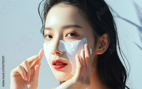 Young woman applies under eye patches as part of her skincare routine, showcasing healthy, radiant skin.