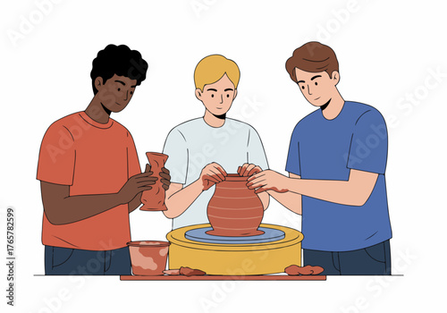Three diverse young men creating pottery together, shaping clay on a potter's wheel during an art and ceramics class.