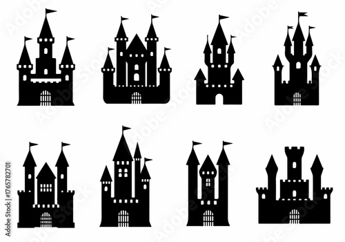 Eight Black Castle Silhouettes Collection: Vector Set of Fairytale Palaces, Medieval Fortresses, and Royal Icons for Fantasy, Magic, and Kingdom Designs