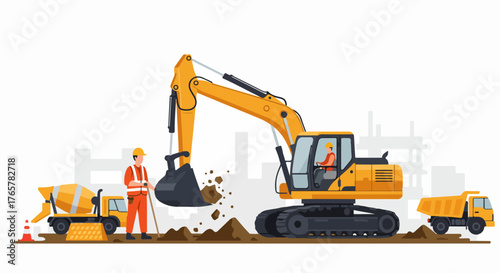Heavy equipment operation on a construction site featuring an excavator, cement mixer truck, dump truck, and workers.