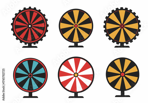 Six colorful stylized Wheels of Fortune vector set, depicting prize games, chance, and gambling icons on a white background.