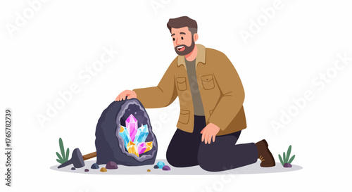 Bearded man kneeling beside a large, vibrant crystal geode discovery.