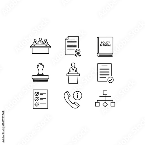 Business administration, legal documentation, policy manual, official processes, corporate compliance, and regulatory affairs line icons set