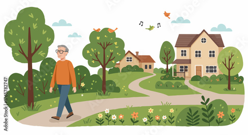 Elderly man walking along a sunny path in a peaceful suburban neighborhood, surrounded by trees, flowers, and singing birds.