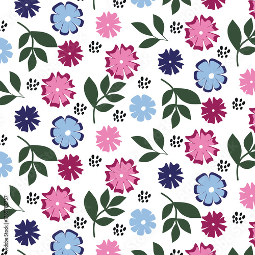 pink, blue, and purple florals with green leaves