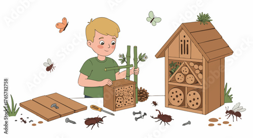 Cute little boy building a wooden insect hotel, learning about nature, bugs, and gardening.