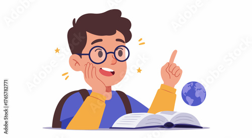 Excited Student Boy with Glasses Having an Idea While Reading a Book and Studying the Globe.