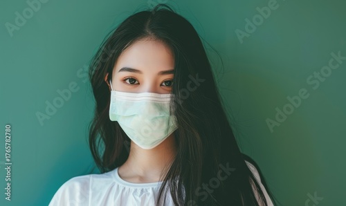 A young Asian woman with long dark hair wears a light green face mask against a teal backdrop.