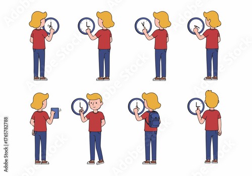 Vector illustration set of a young person setting an analog clock, depicting time management, schedules, punctuality, and school routines.