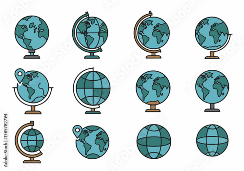 Collection of Cartoon Earth Globe Vector Icons. Set of 12 Geography, Travel, and Global Concept Illustrations.