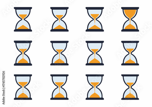 Animated Hourglass Icon Set Showing Time Passage, Loading, and Sand Flow Progress in 12 Stages.