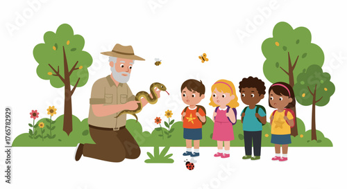 Nature educator showing curious diverse children a snake during an outdoor lesson about wildlife and ecology.