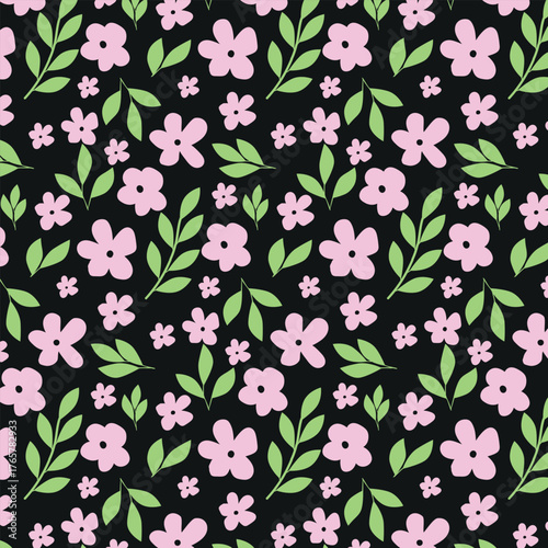 pink florals and green leaves on black background