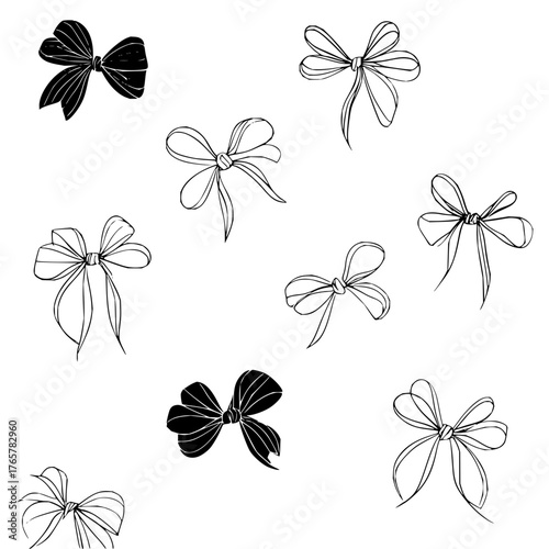 Collection of stylized bows in black and white with varying designs and orientations on a white background