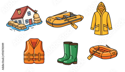 Essential flood preparedness kit including sandbags, rescue boats, protective gear, and life vest for safety during water emergencies