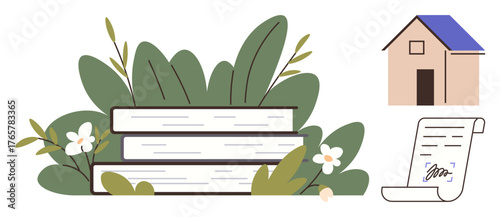 Stack of books with leaves and flowers, small house illustration, signed document. Ideal for education, property law, real estate, sustainability, contracts learning agreements. Simple flat