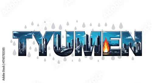 Tyumen City Skyline in Letters with Raindrops