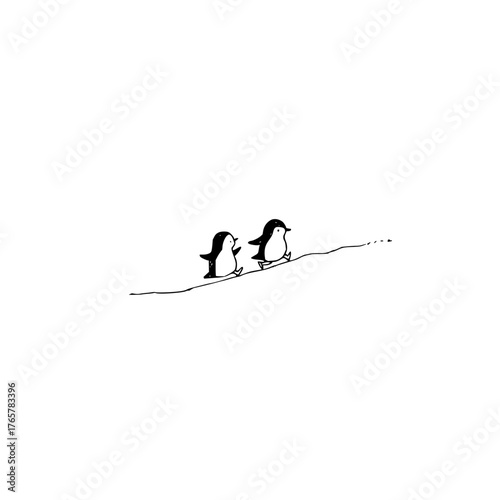 Two penguins walking on a snowy hill in a minimalist black and white line drawing style illustration