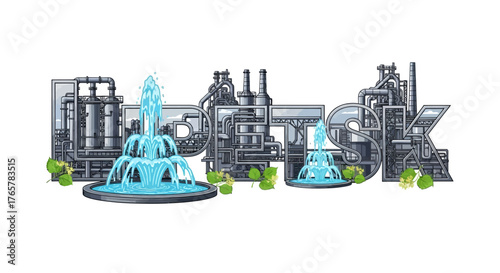 Industrial Plant Logo with Water Fountains and Greenery
