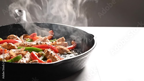 Sizzling chicken and colorful bell peppers in a cast-iron skillet, steam rising, on a clean white surface