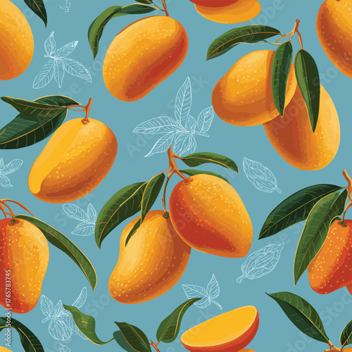 Fresh Mango Fruit Pattern. Sweet and Tropical Seamless Design