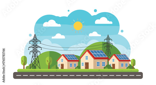 Modern homes with solar panels harness clean energy under sunny skies, showcasing sustainable living and power transmission infrastructure