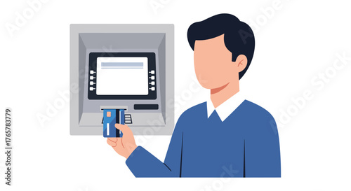 Man confidently inserting credit card into ATM for quick cash withdrawal, modern financial convenience