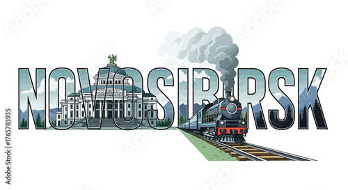 Novosibirsk Cityscape With Vintage Train Illustration