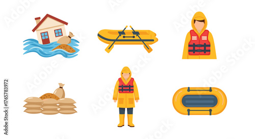 Urgent flood relief efforts deploy sandbags, rescue boats, and protective gear for disaster preparedness and safety operations