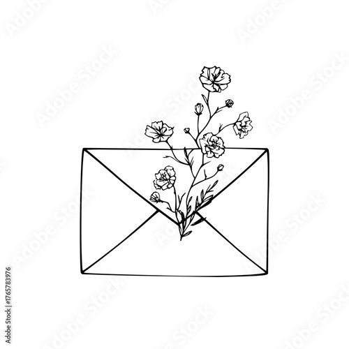 Envelope with delicate flowers sprouting out in a minimalist black and white line drawing style art