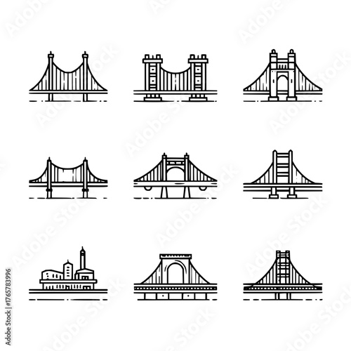 Collection of nine black and white bridge icons with various architectural designs and structural elements