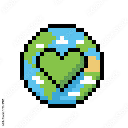 Pixel Art Earth Globe with Green Heart Symbol