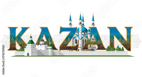 Kazan Cityscape with Iconic Landmarks and Ornate Typography