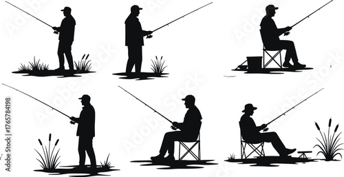 Fishing silhouettes, people with rods, outdoor leisure scene, seated and standing anglers, black graphic, nature activity, grass detail, hobby illustration