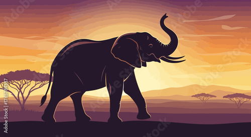 Majestic Elephant at Sunset – Silhouette in African Savanna Landscape