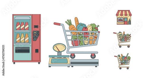Fresh produce and beverages showcased with shopping carts, scales, and a vending machine, perfect for food retail concepts