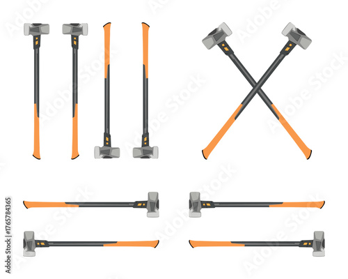 Vector set of sledgehammers in front, side, and crossed views