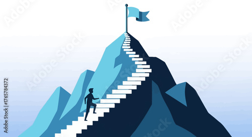 Determined Ascent to Success – Silhouette Climbing Mountain Stairs Toward Goal