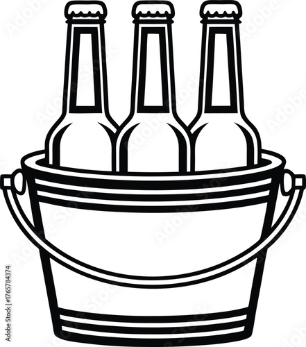 black and white bottles beer in a metal bucket