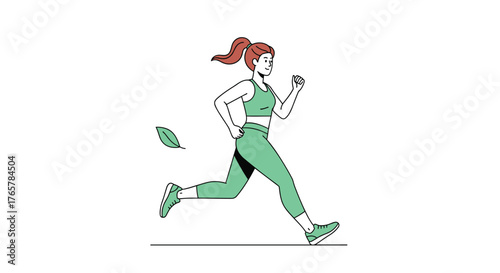 Energetic woman in athletic wear sprints with joy and determination, embracing a healthy active lifestyle outdoors with a fresh leaf blowing by