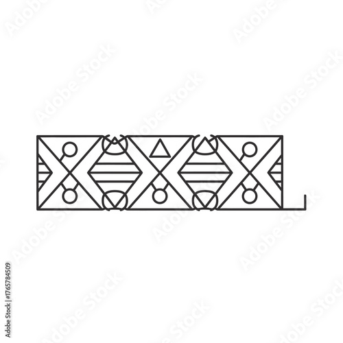 Geometric linear pattern featuring repeating shapes, including triangles, circles, and lines, forming a symmetrical design.