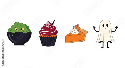 Spooky and sweet Halloween treats including a bubbling cauldron, decorated cupcake, pumpkin pie slice, and a friendly ghost ready for festivities