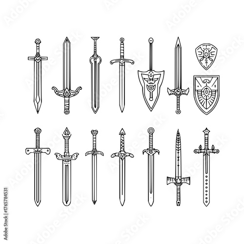 Collection of line art swords and shields in various designs arranged in two rows on white background