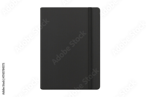 Black notebook with elastic band on transparent background