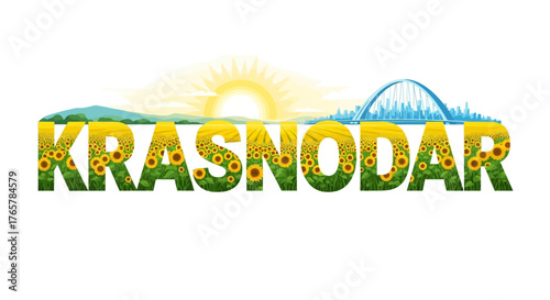 Krasnodar Cityscape with Sunflower Fields and Bridge at Sunset