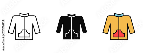 Jacket icon collection designed in stroke, fill, and color variations, isolated on a white background. Perfect for clothing apps, web interfaces, winter fashion, and outerwear concepts.