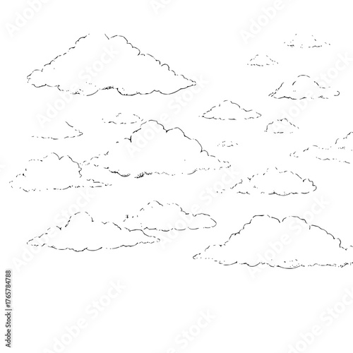 Illustration showing a collection of fluffy white clouds scattered across a bright white sky backdrop scene