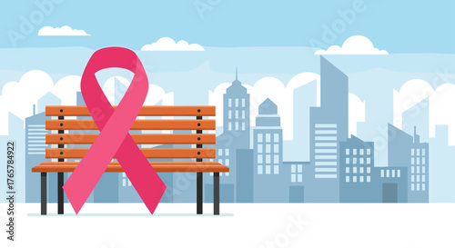 Pink ribbon on park bench in city, a symbol of breast cancer awareness and support for a cure during October, a time for hope and solidarity