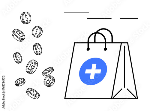 Falling coins beside a medical-themed paper bag with a blue cross. Ideal for healthcare expenses, medical finance, insurance costs, savings, cost management, e-commerce, simple flat metaphor