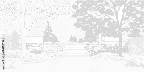 Architectural sketch of a modern house with stone walls and garden stairs surrounded by trees and foliage
